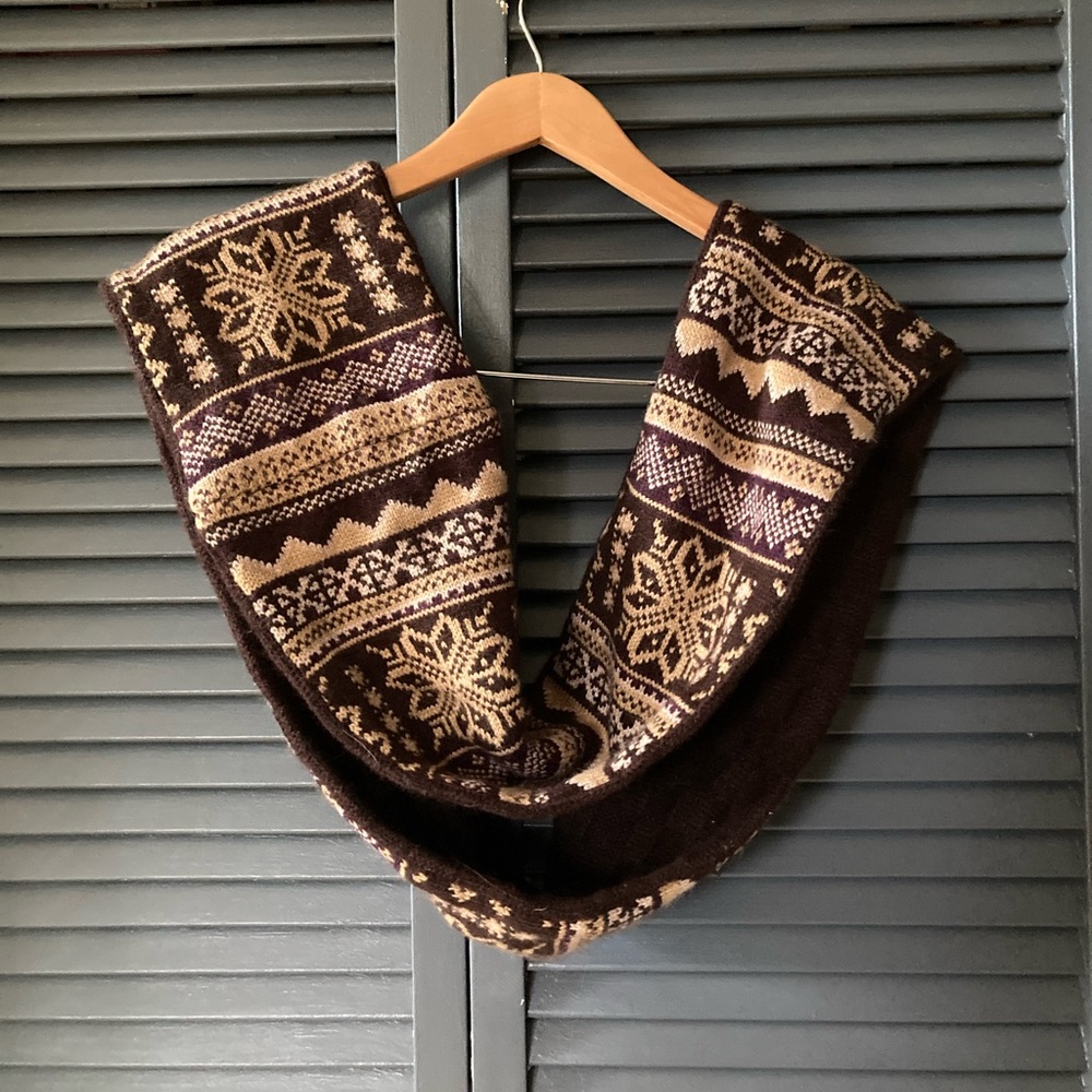 Brown and Cream Knit Scarf with Snowflake Pattern